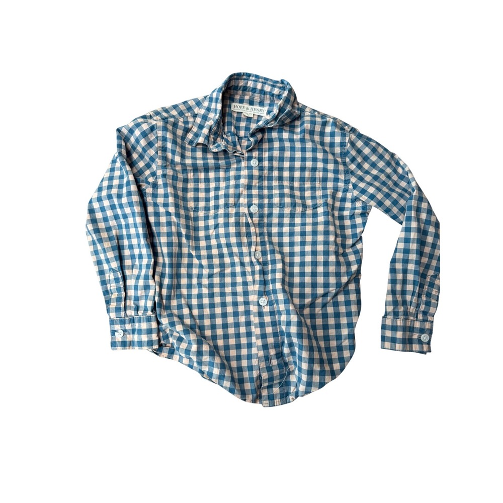 Hope & Henry Boys Blue White Gingham Long Sleeve Button Down Shirt Size S